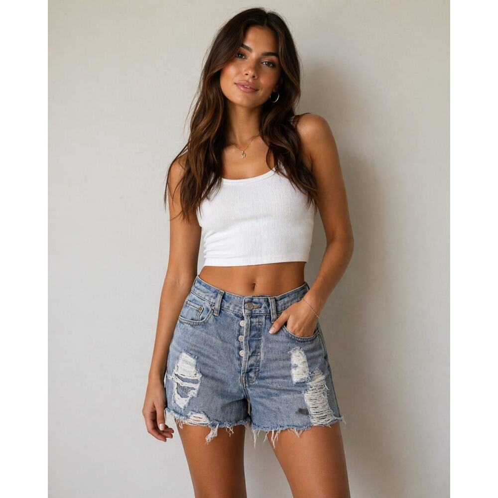 Indigo Rein High Rise Denim Shorts Size 1/24 Distressed Raw Hem Button Fly